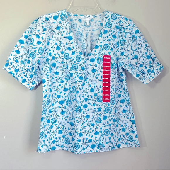Draper James Womens V Neck Puff Sleeve Top Blouse‎ NWT Size XS Blue Floral Print - Picture 1 of 9